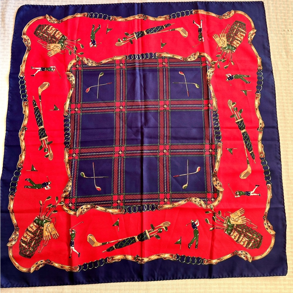 Vintage Golf Print Red & Navy Plaid Scarf 32” Square Satiny Finish